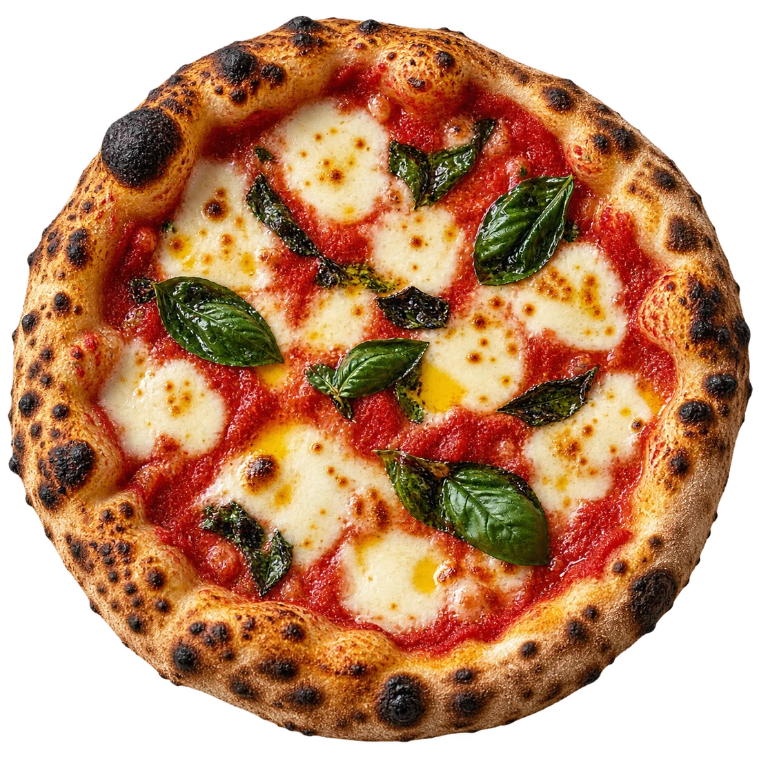 Pizza artisanale à la croûte dorée, mozzarella fondante, tomate et basilic
